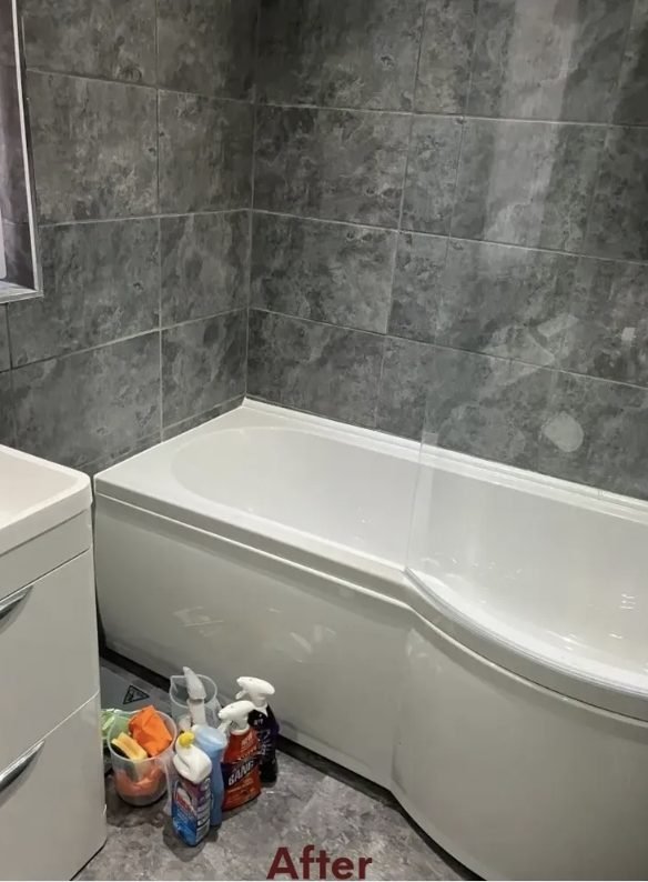 Bathroom after refit, new P-shaped bath and panel fitted
