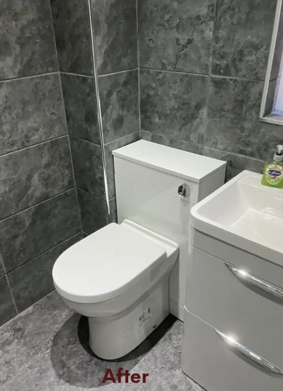 Bathroom after refit, new back to wall WC unit and vanity installed